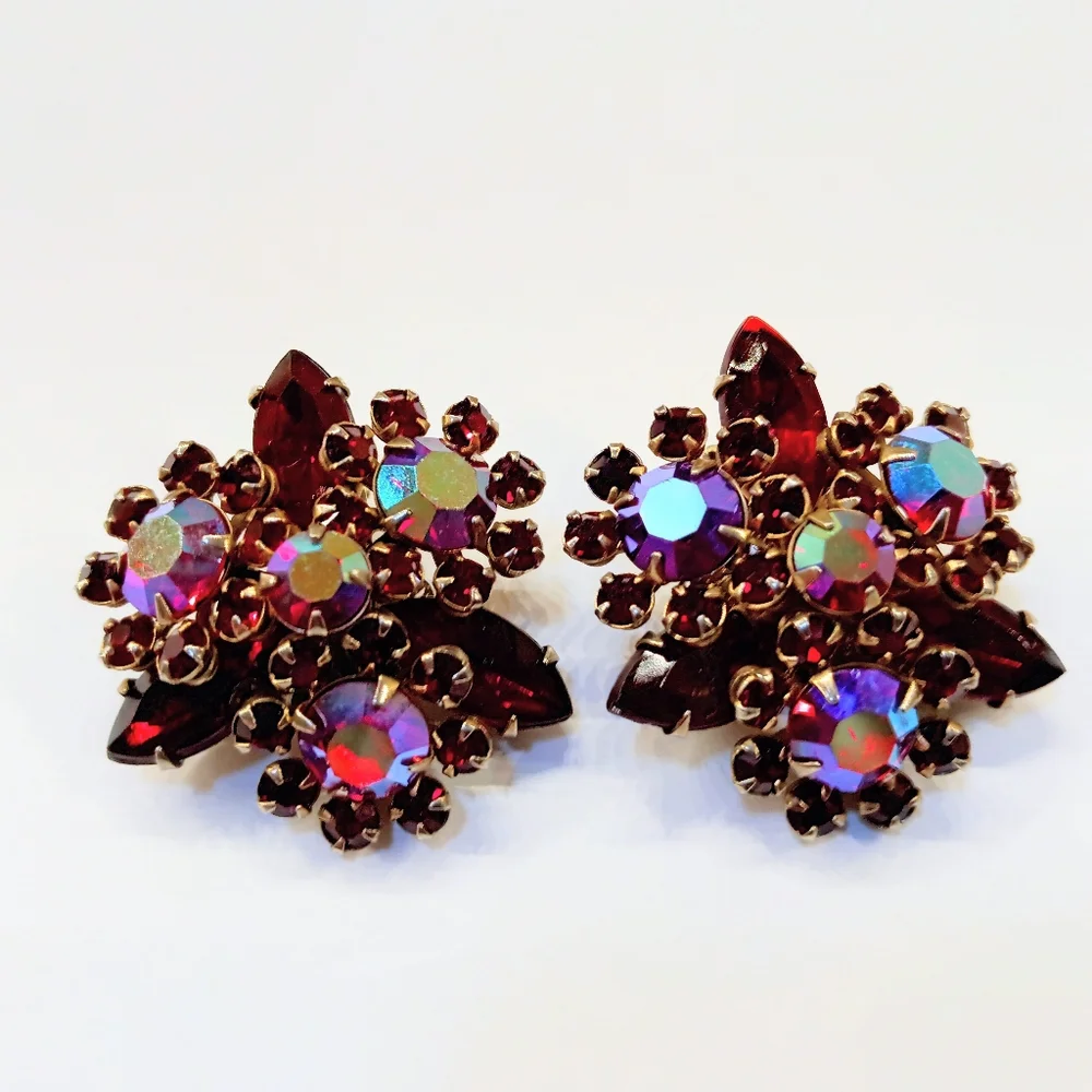 Vintage Sparkling Red Pink AB Rhinestone Clip Earrings - Picture 4 of 5